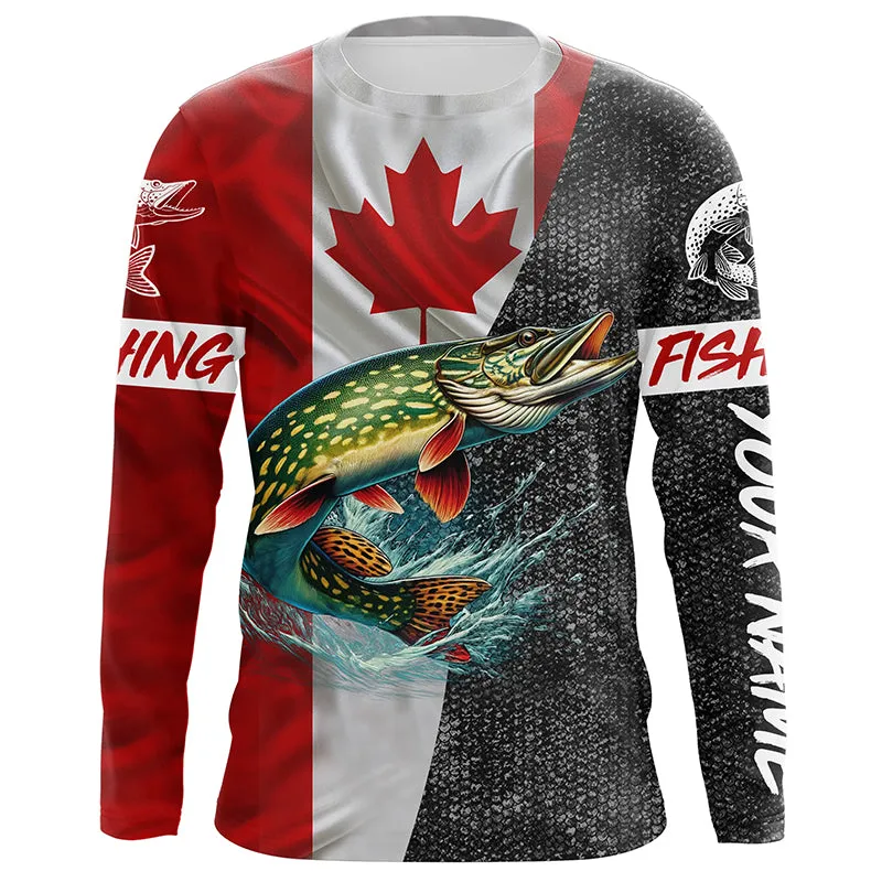 Personalized Northern pike Fishing Jerseys, Custom Canadian flag Pike Long sleeve, Long Sleeve Hooded NQS4927